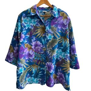 Womens Hawaiian Button Down Blouse 22W Blue Purple Tropical Floral Shoulder Pads